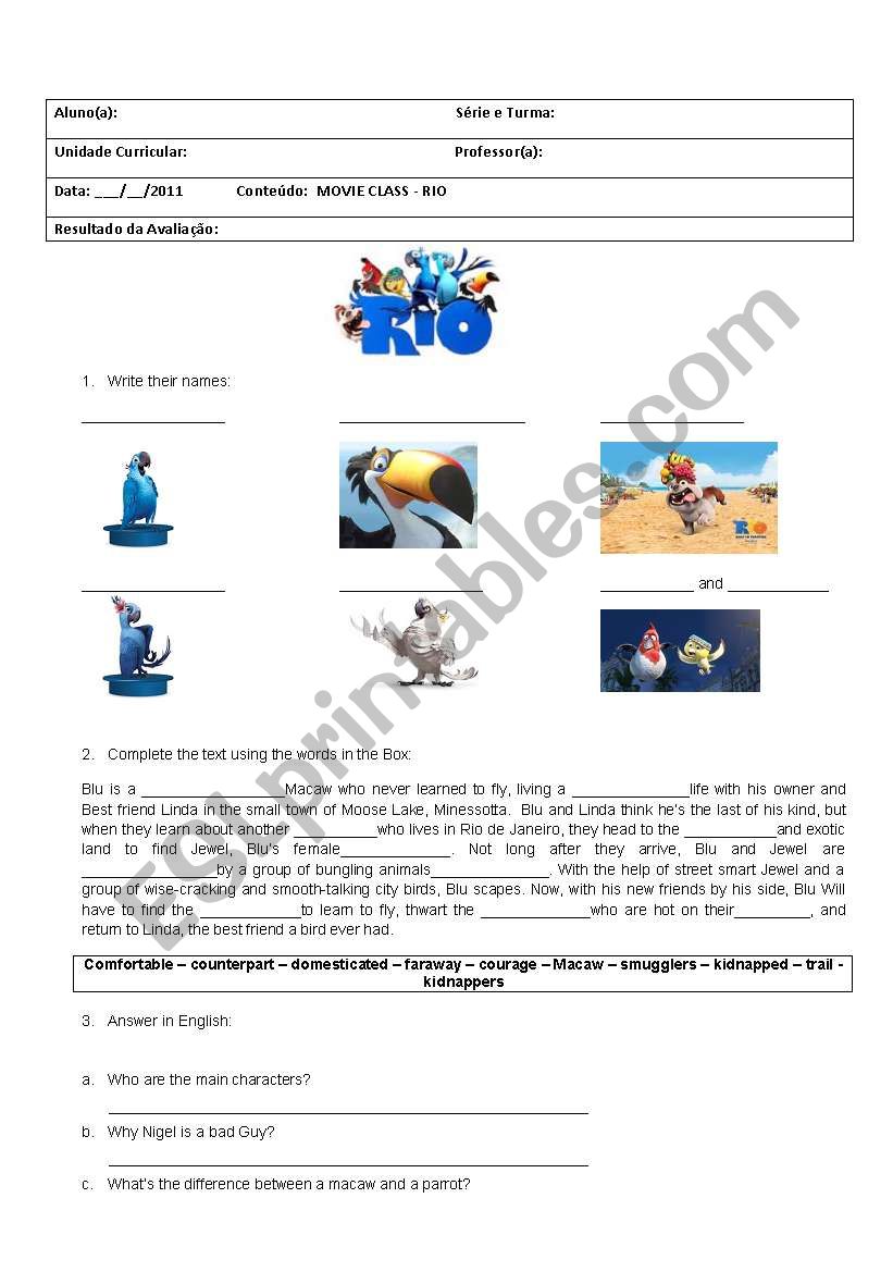 MOVIE CLASS - RIO worksheet