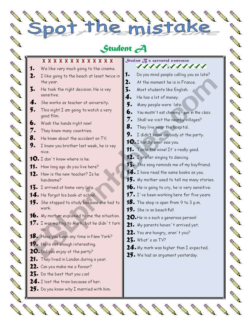 FIND THE MISTAKES. PAIRWORK worksheet