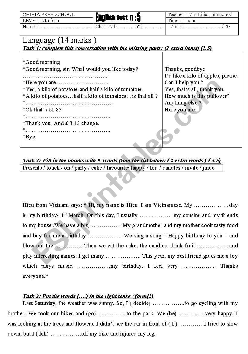 7TH FORM TEST/ LANGUAGE worksheet