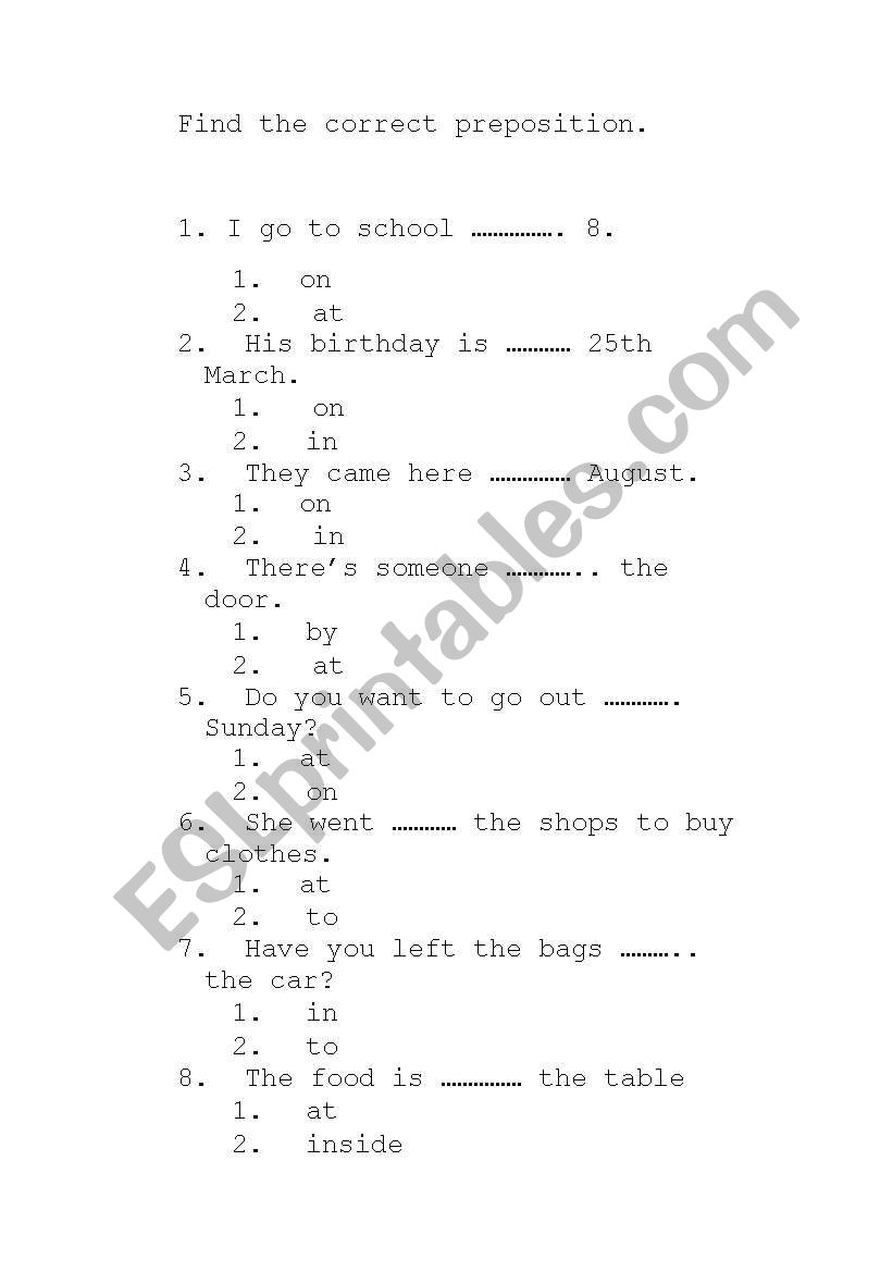 Prepositions worksheet