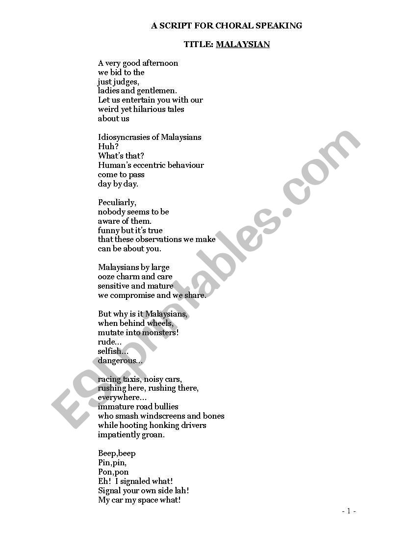 choral speaking script worksheet