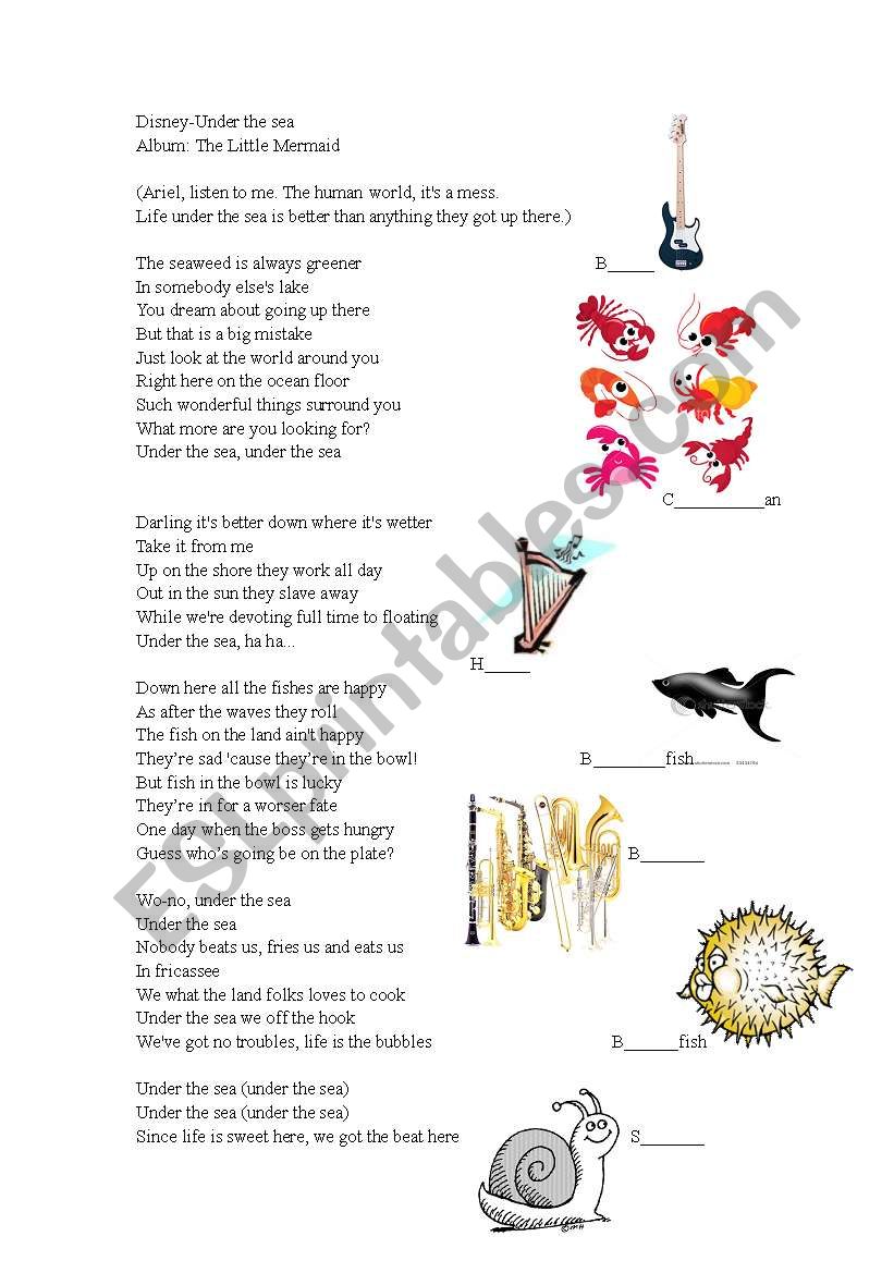 lyrics: under the sea worksheet