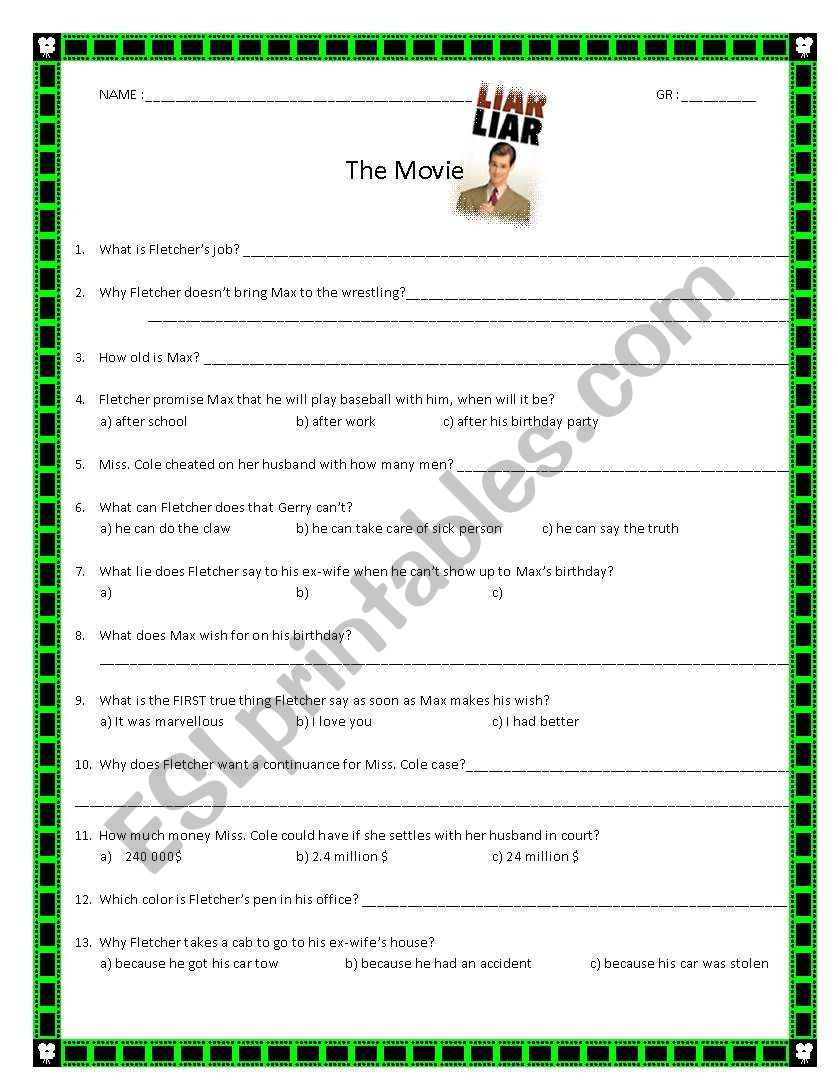 LIAR LIAR movie questions worksheet