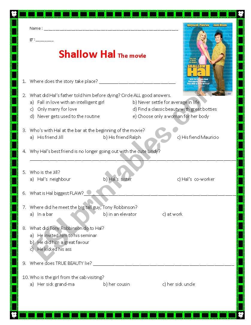 SHALLOW HAL movie questions worksheet