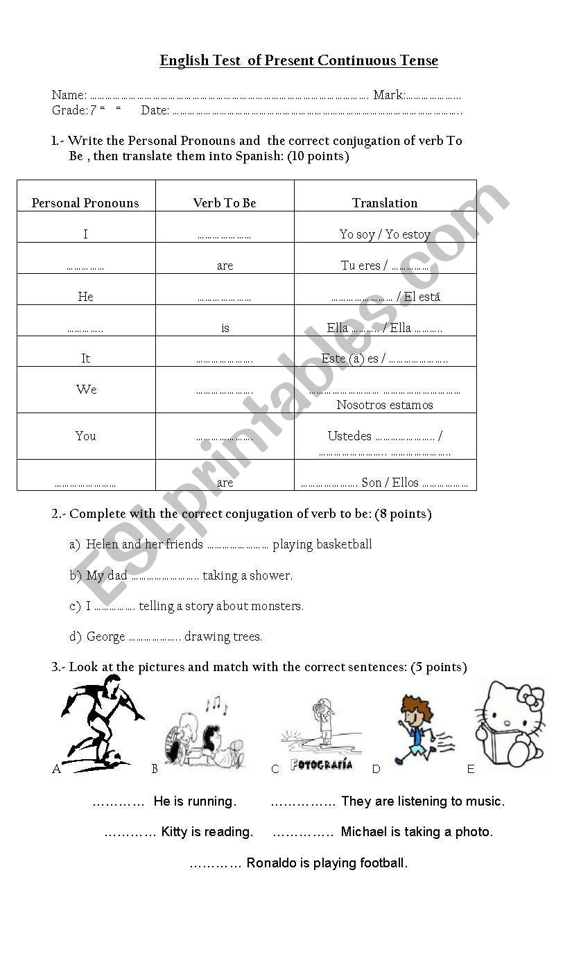 present continuous test worksheet