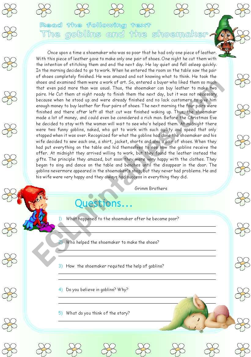 The goblins and the shoemaker worksheet