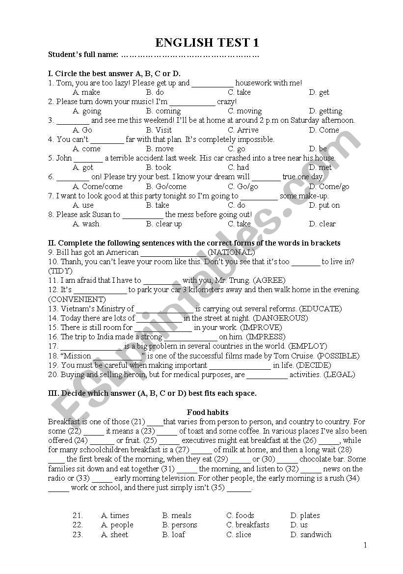 English worksheet can be used as test for young learners