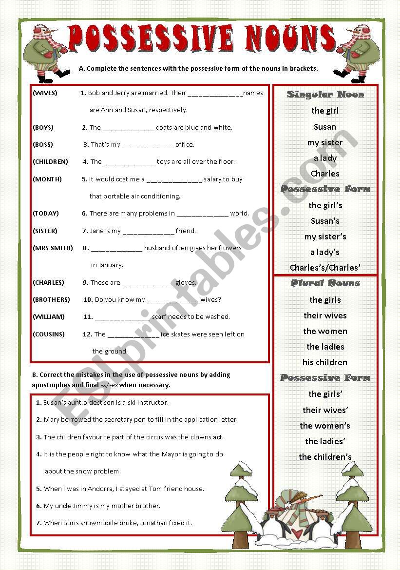 possessive nouns worksheet esl worksheet by bmoreno00