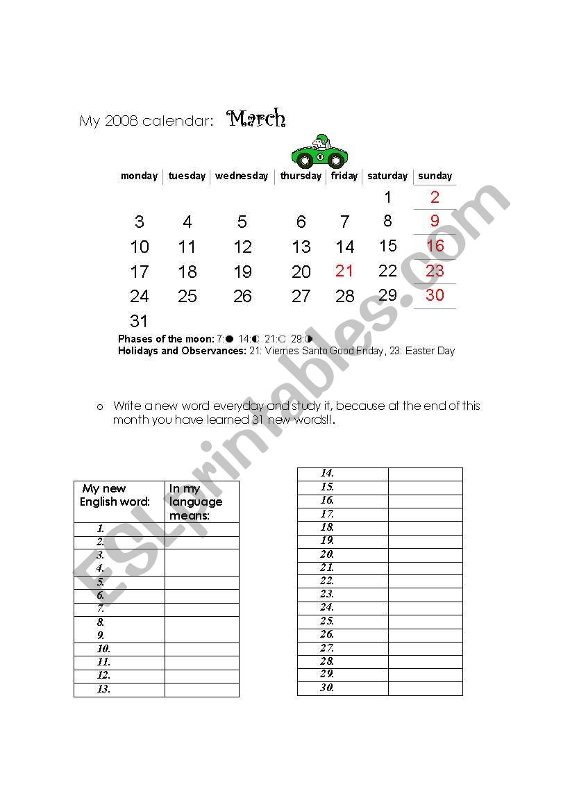 my 2008 calendar worksheet