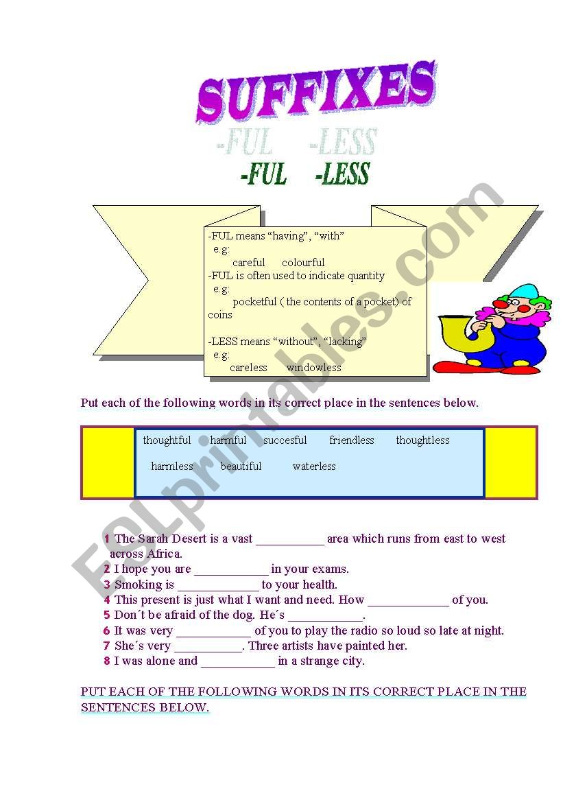 SUFFIXES -ful, -less worksheet