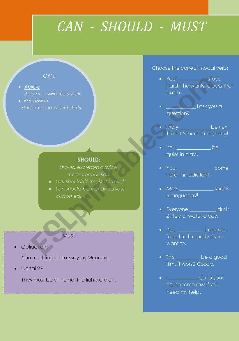 CAN - SHOULD - MUST worksheet