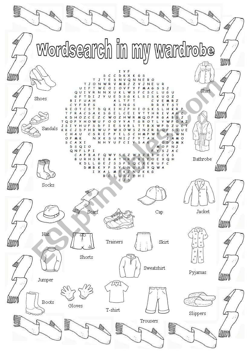 Wordsearch in my wardrobe worksheet