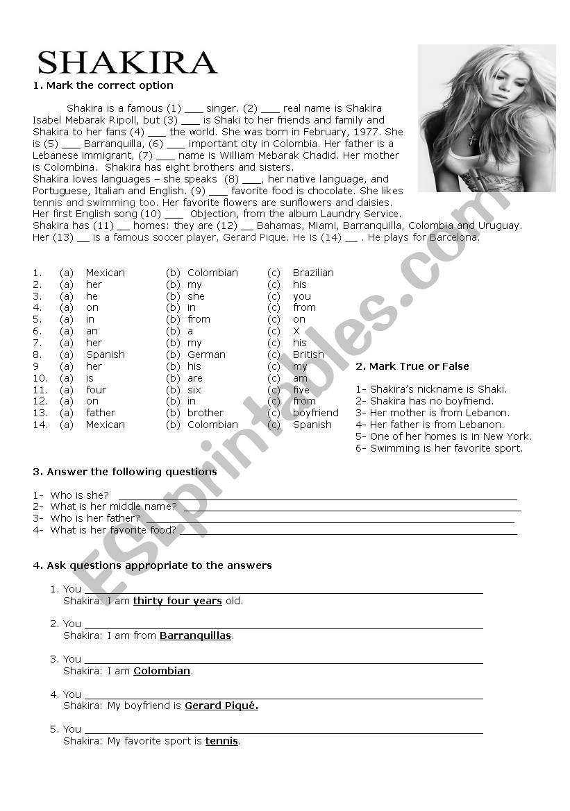 Shakira worksheet