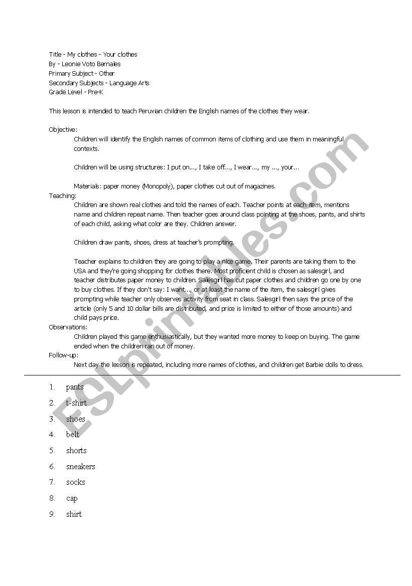 clothes worksheet