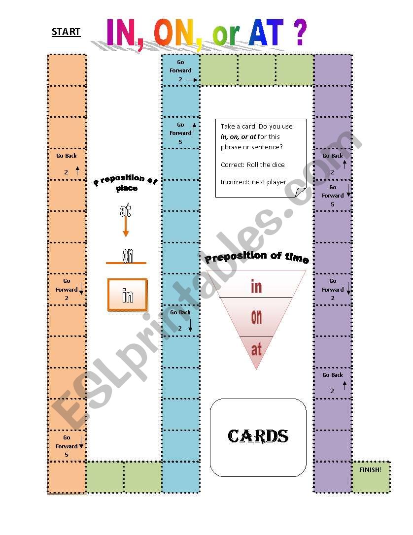 In, On, OR At Boardgame  worksheet