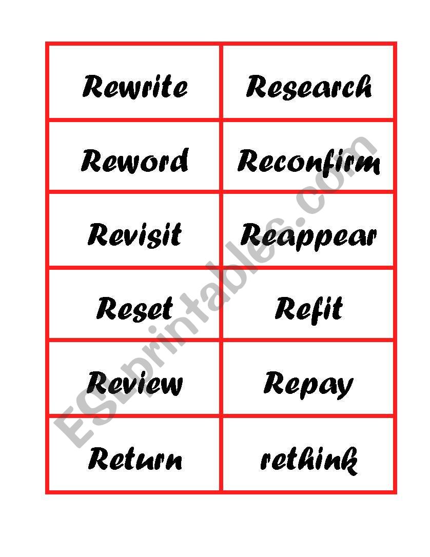 Prefixes re word and definition match