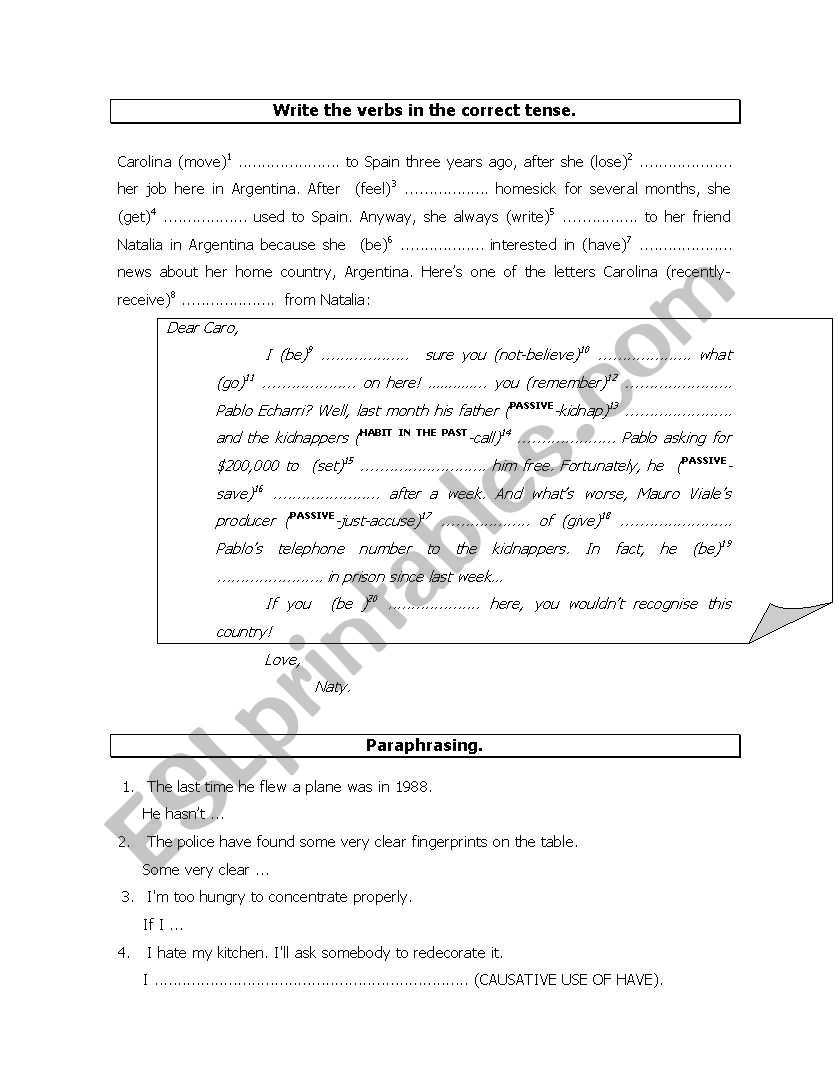 Mixed Tenses + Paraphrasing worksheet