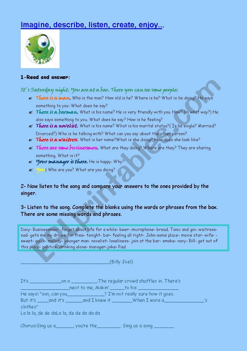 Story telling- Piano Man worksheet