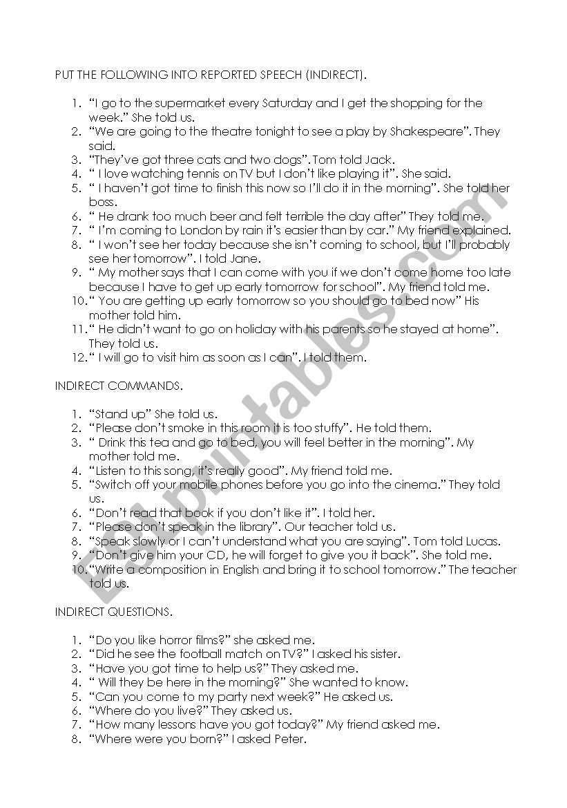 reported speech worksheet