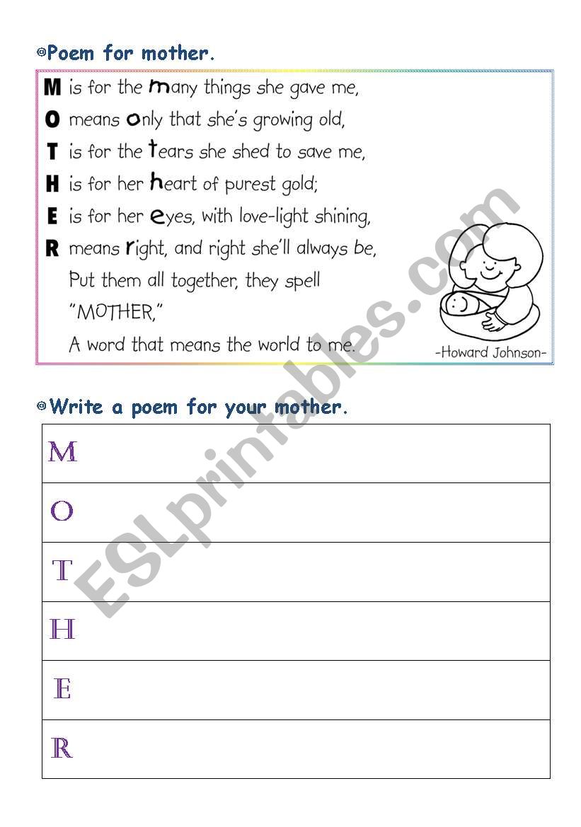 Poem for mother worksheet