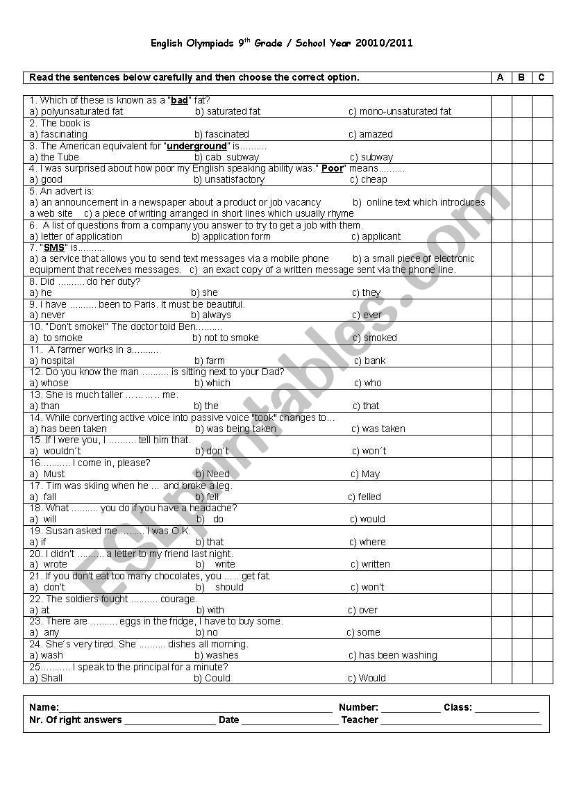 English olympiads worksheet