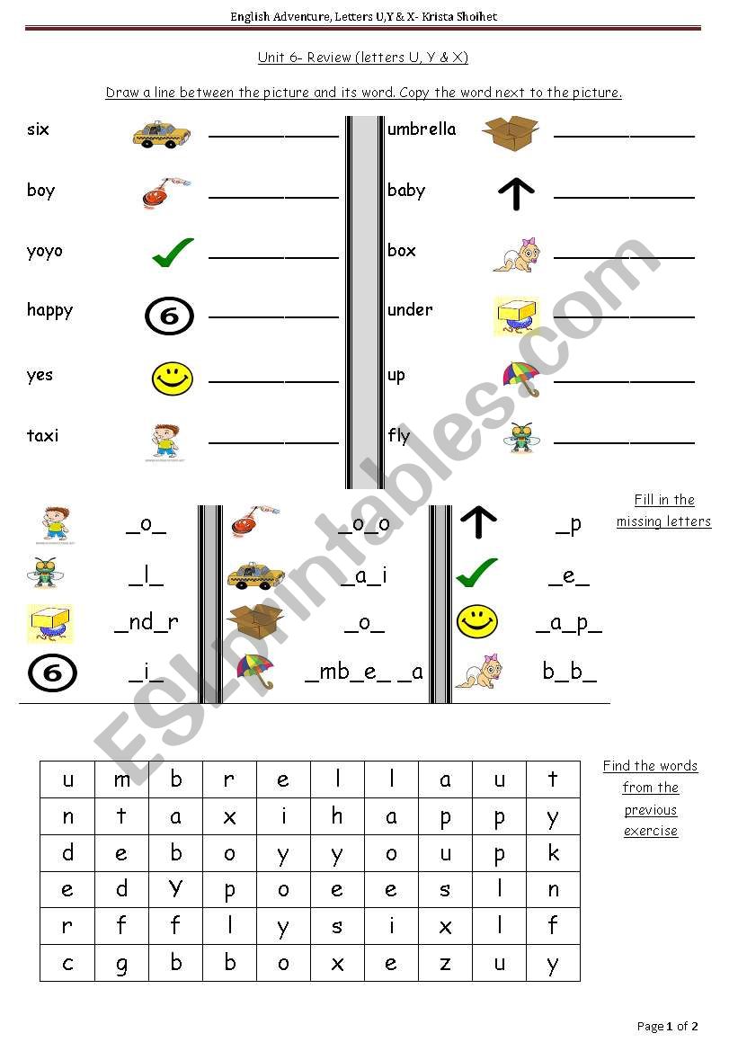 practive of vocabulary and spelling for letters y, u, & x