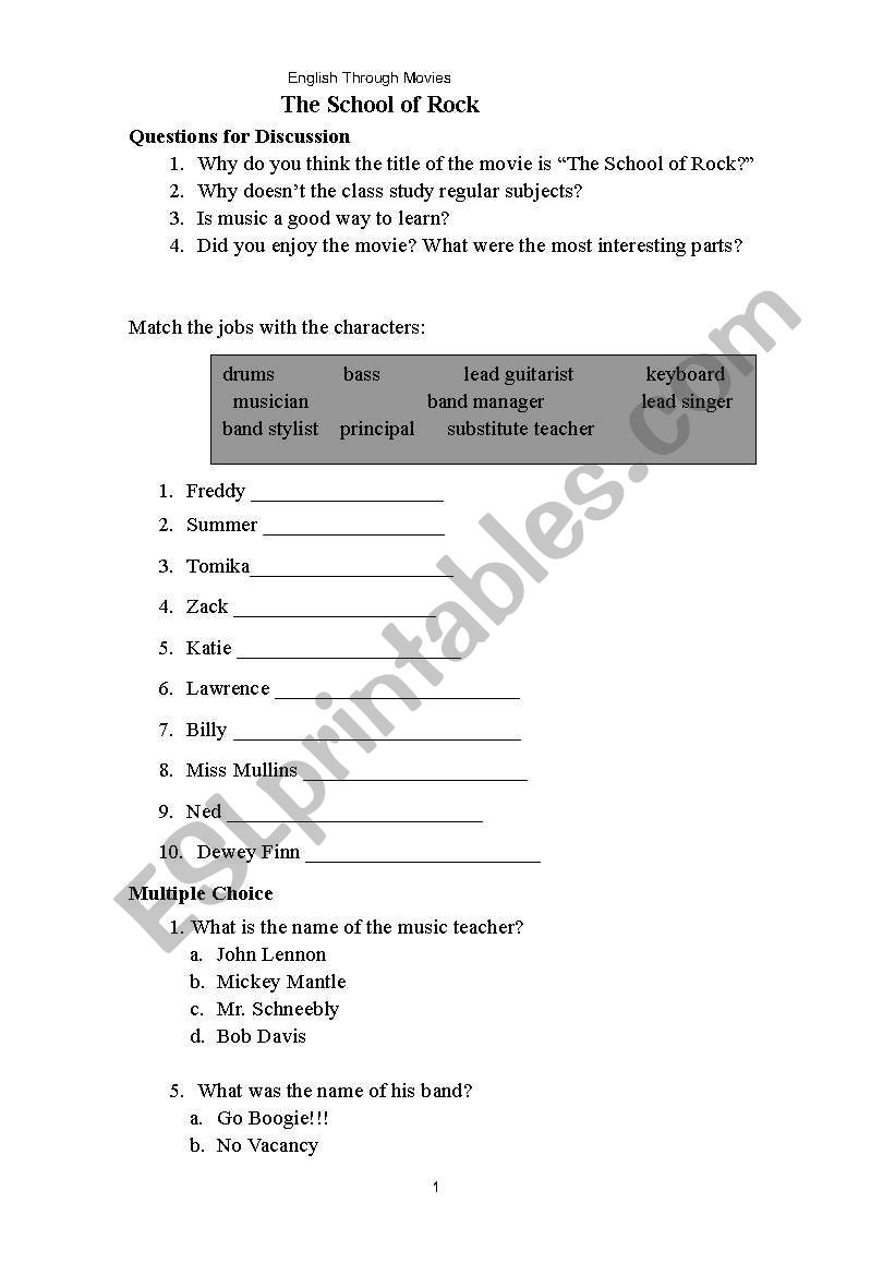 school of rock worksheet