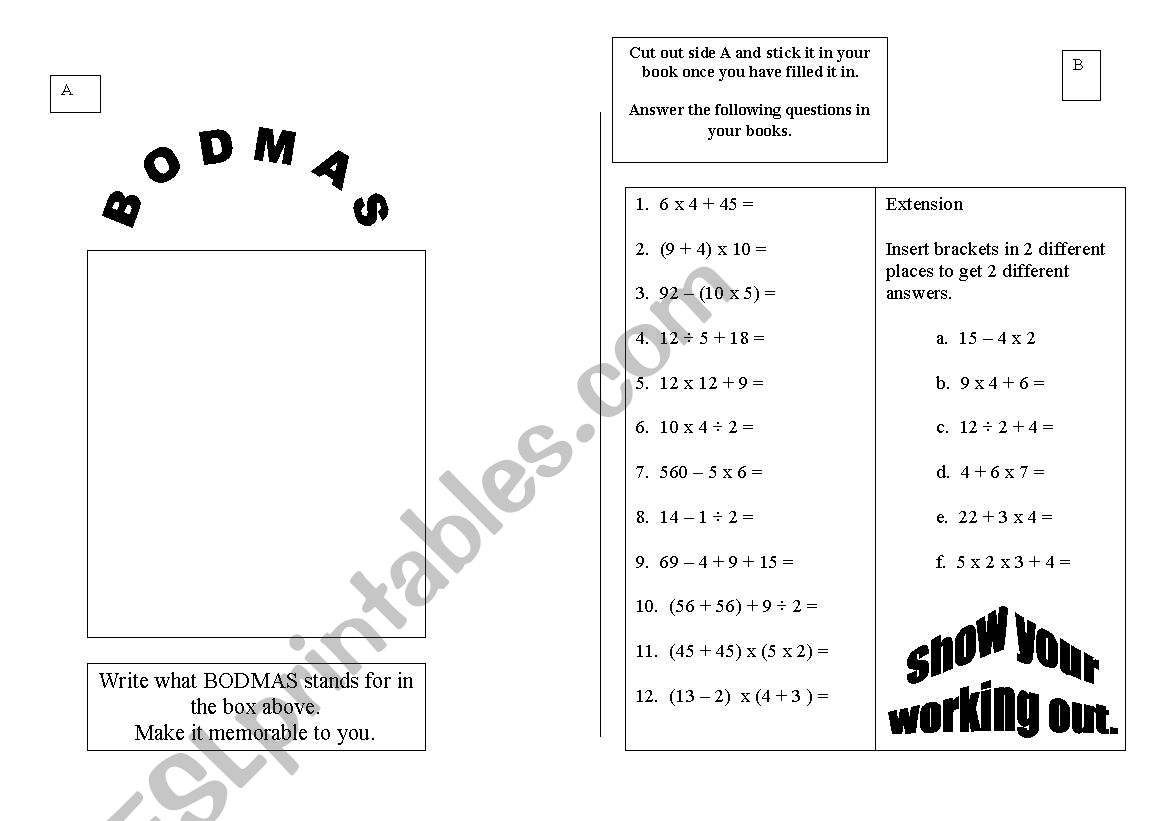 Bodmas worksheet