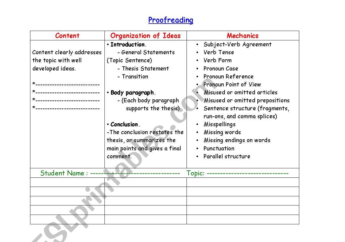 Proofreading worksheet