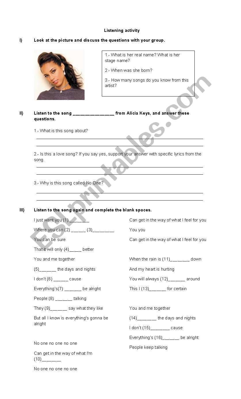 No One - Alicia Keys worksheet