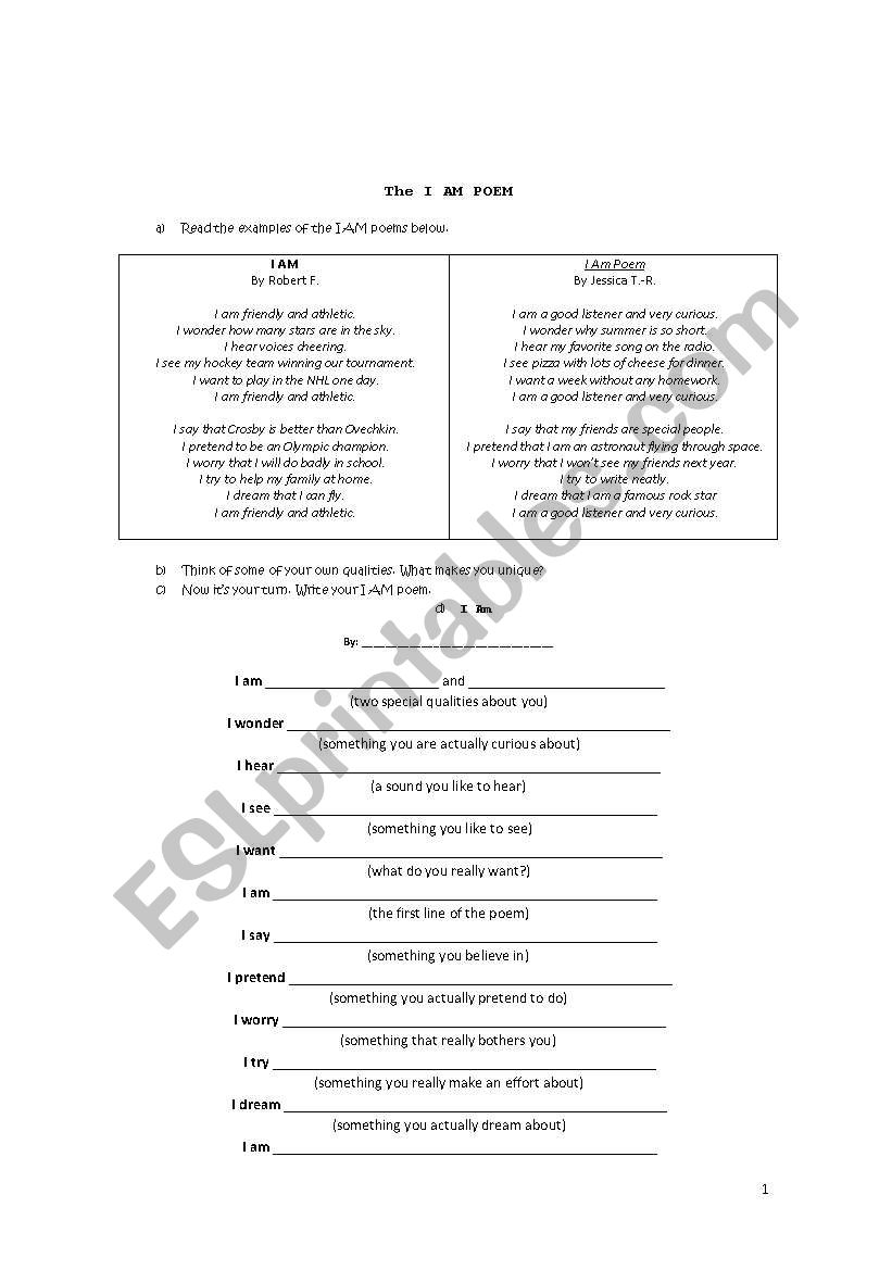 The I am poem - ESL worksheet by paulalima With Regard To I Am Poem Worksheet