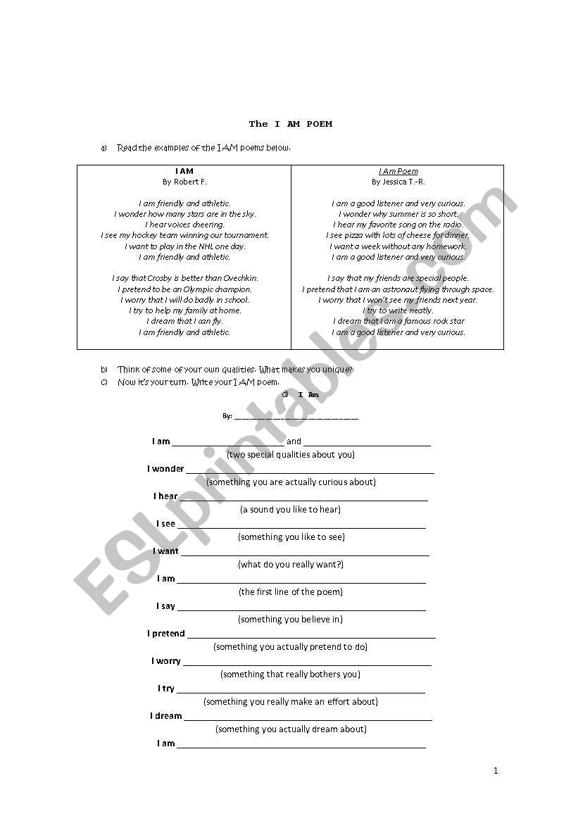 The I am poem worksheet