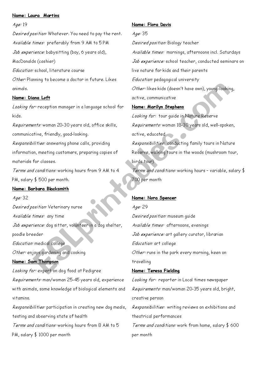 job interview worksheet