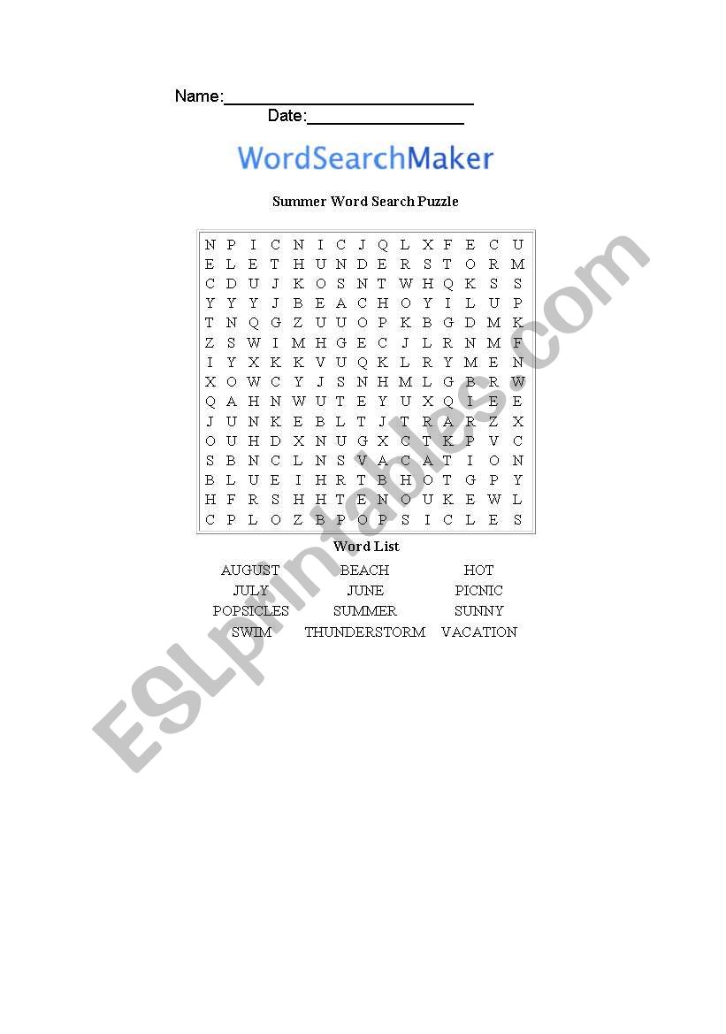 Word search worksheet