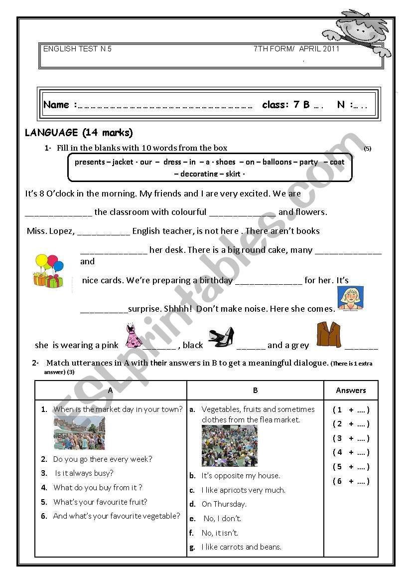 test for seventh formers worksheet