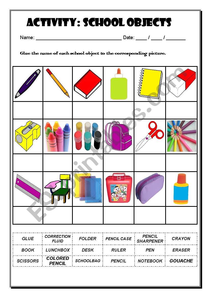 Learning the school objects worksheet