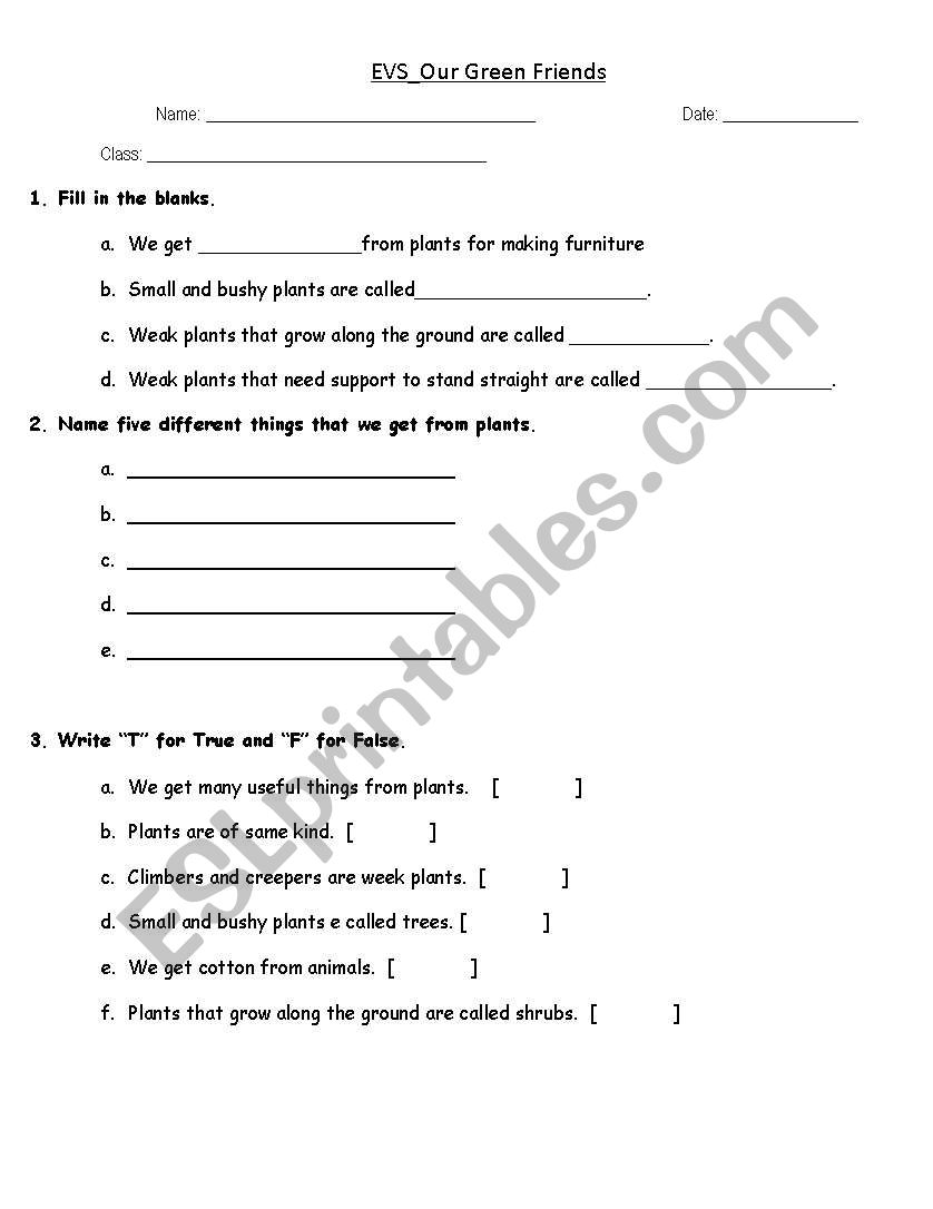 Our Green Friends worksheet