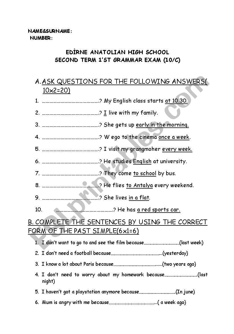 past simpe exam worksheet