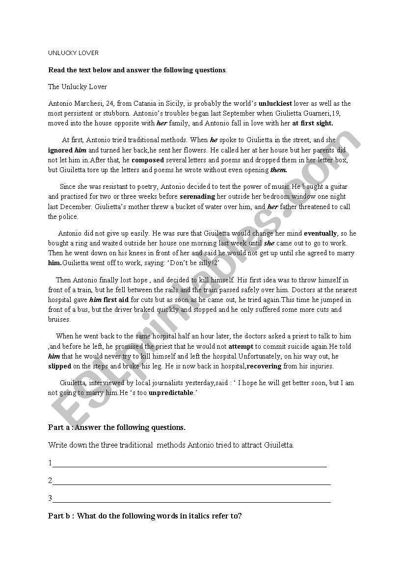 unlucky lover worksheet