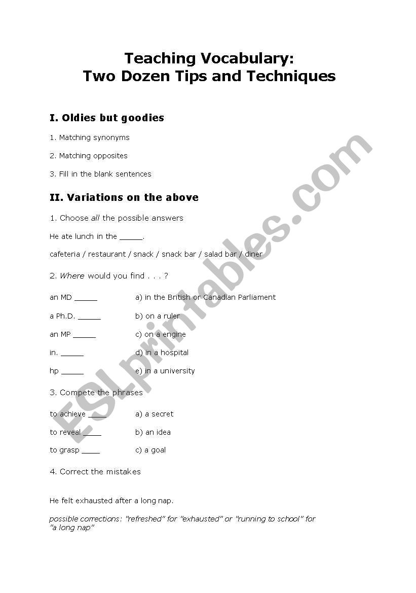 Teaching vocabulary worksheet