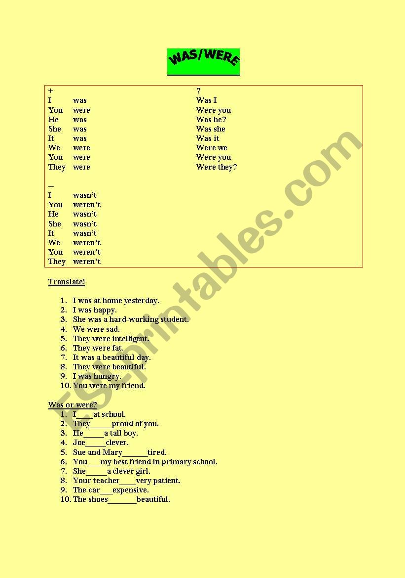 WAS/WERE worksheet