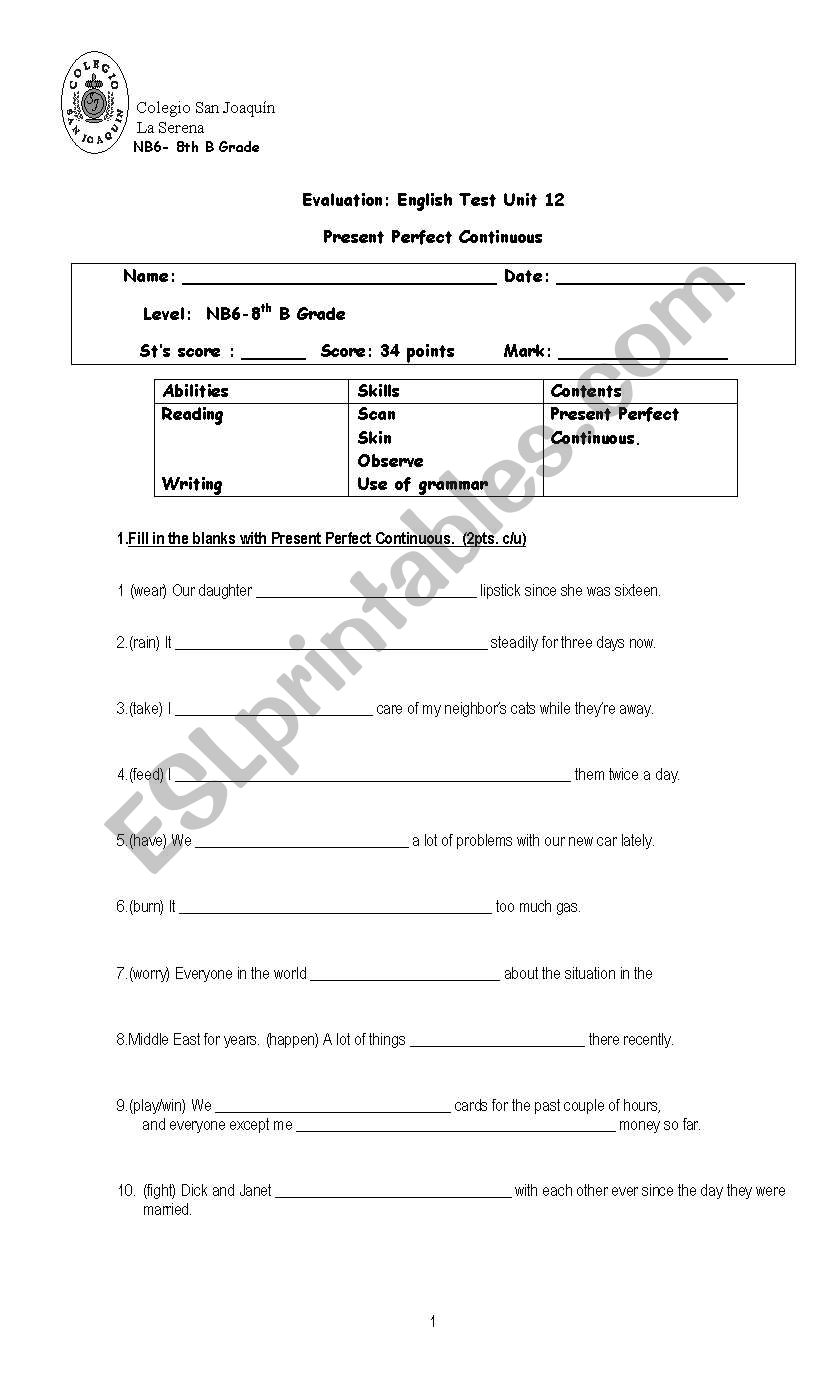 Present Perfect Continuous Evaluation