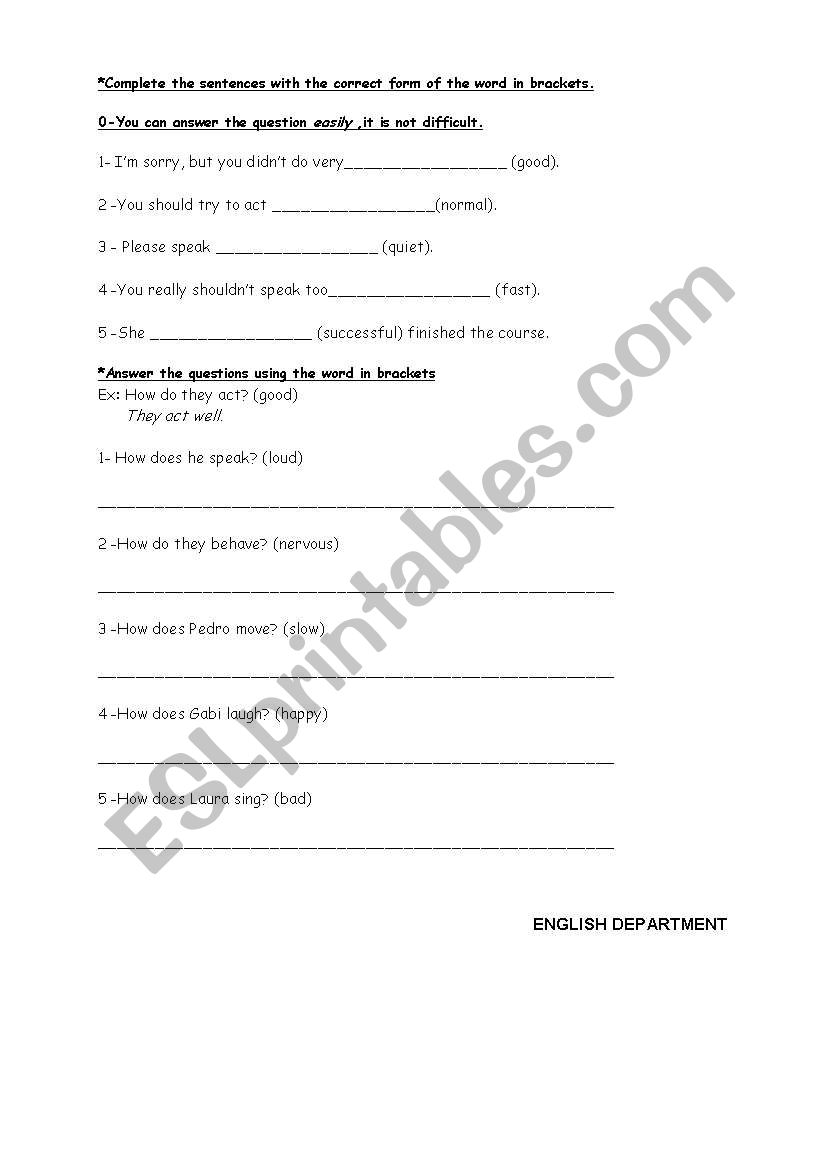 EXERCISES ON ADVERBS worksheet