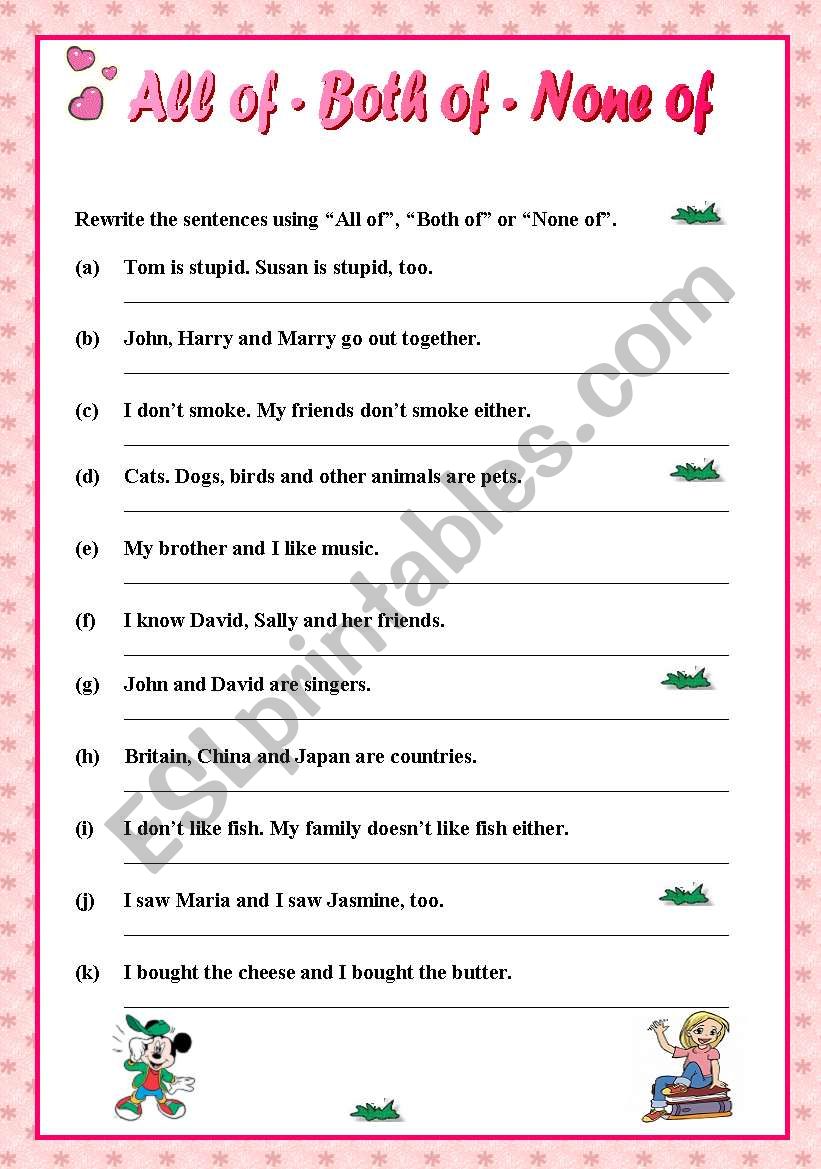 All of - Both of - None of worksheet