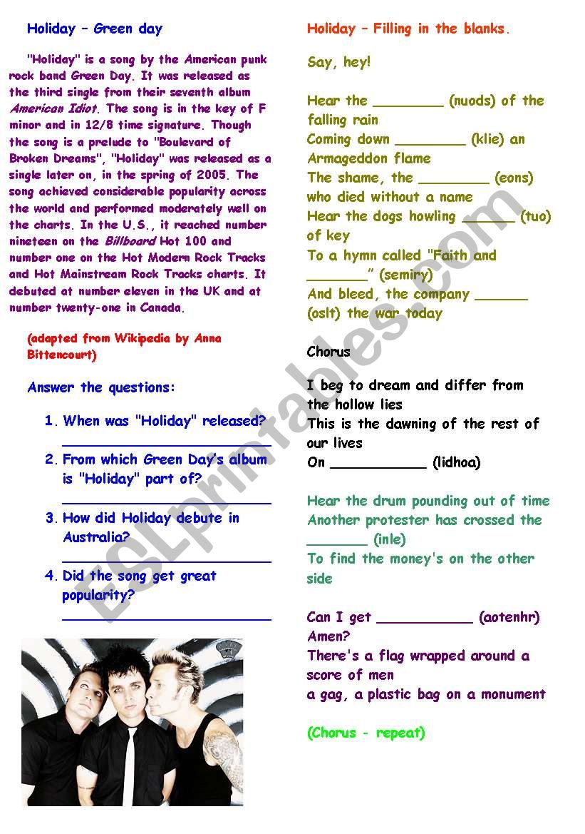 Song Holiday (Green Day ) with answer key and pre listening activity