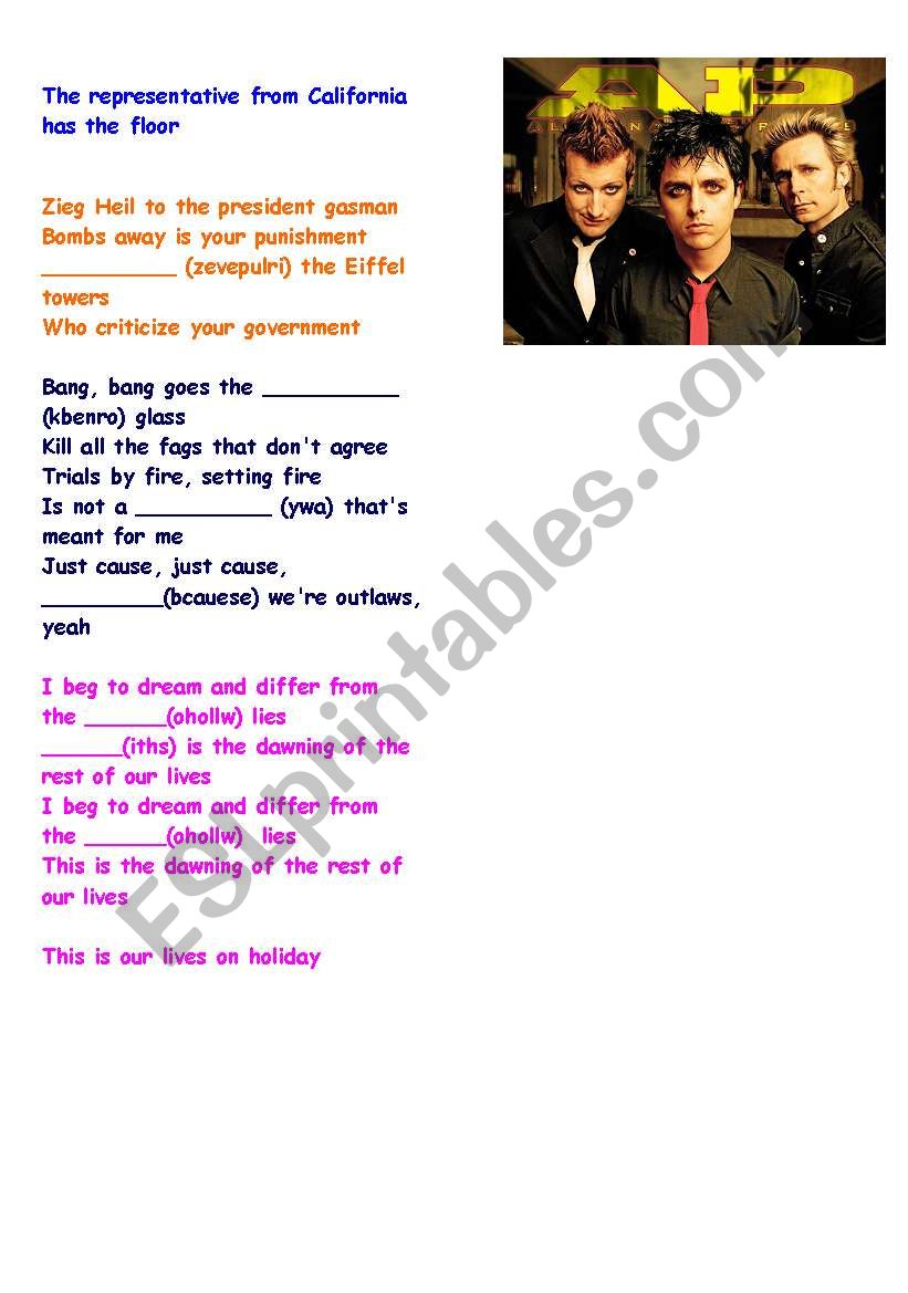 Song Holiday Green Day With Answer Key And Pre Listening