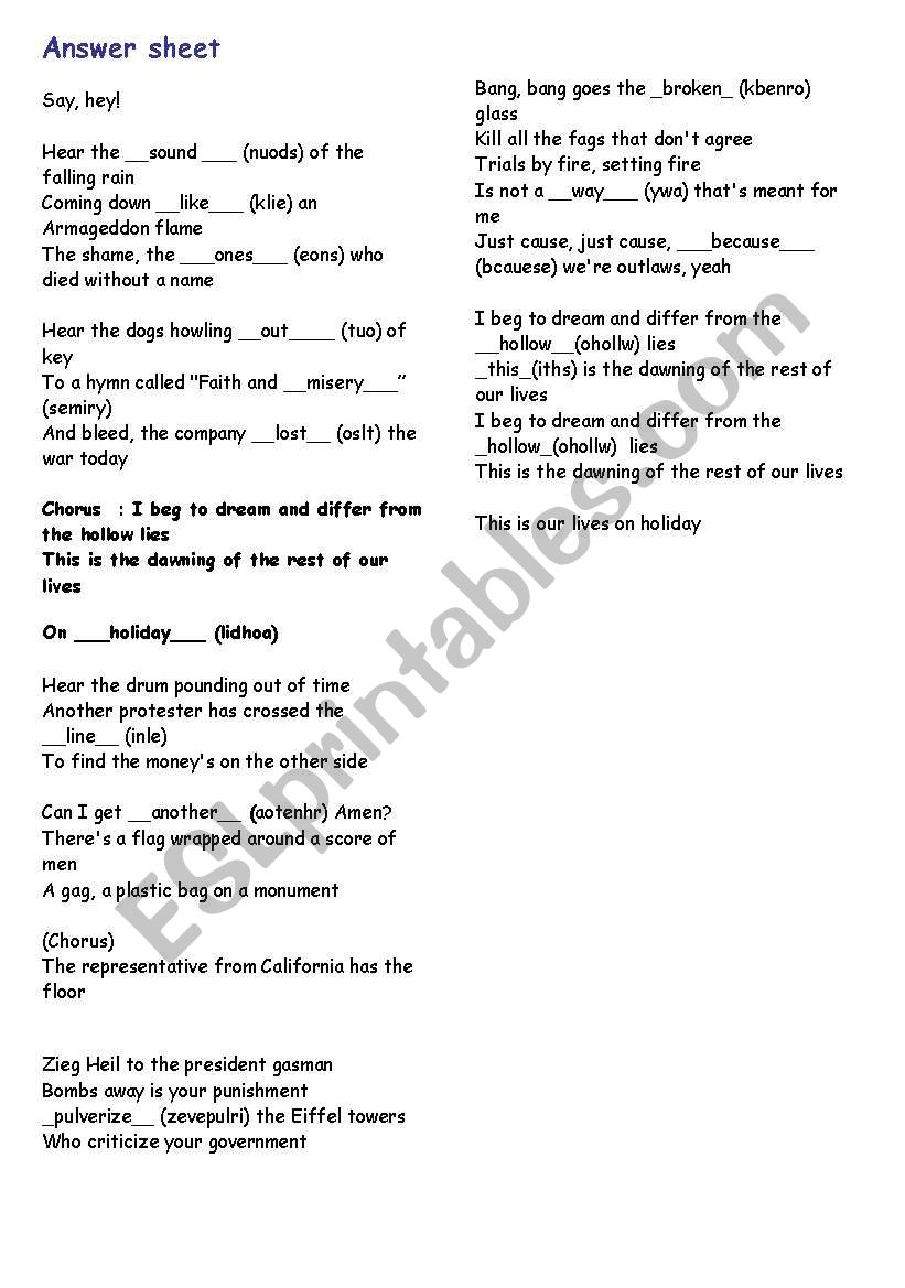 Song Holiday Green Day With Answer Key And Pre Listening