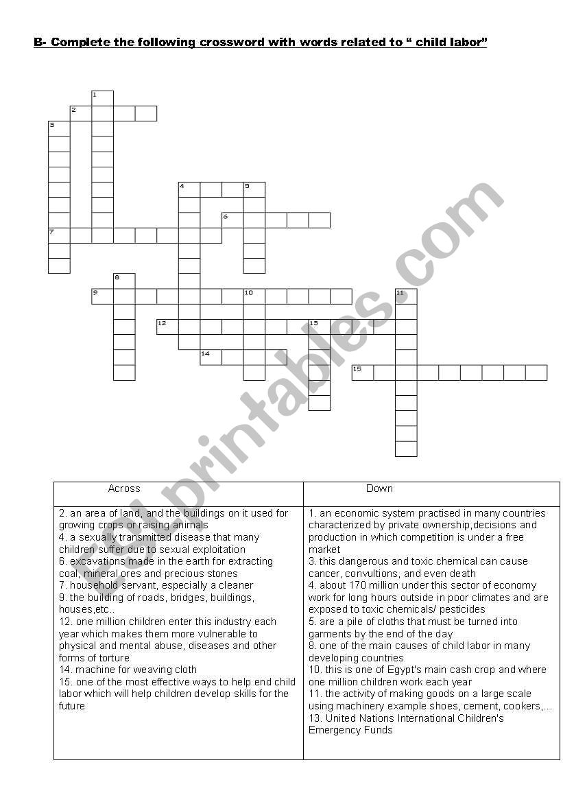 child labor crossword worksheet