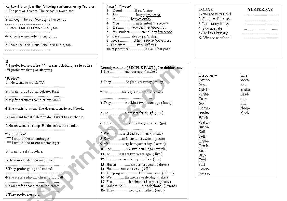 PAST TENSE AND PREFERENCE worksheet