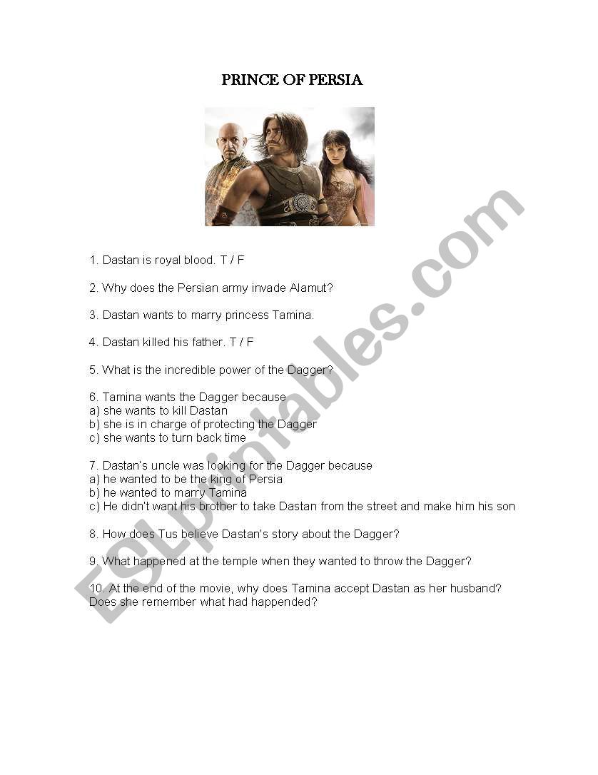 Prince of Persia worksheet